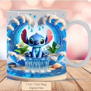 3D Cute Stitch Splash Water Mug Wrap, 3D Stitch Mug Wrap Sublimation Design PNG, Mug 11oz and 15oz Mug Wrap, Instant Digital PNG Download