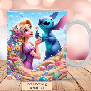 3D Rapunzel and Stitch Mug Wrap, 3D Princess Bubbles Mug Wrap Sublimation Design PNG, Mug 11oz and 15oz Love Stitch Mug Wrap