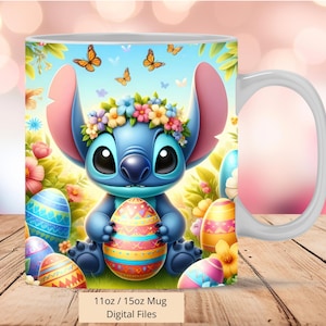 3D Cute Stitch Flowers Easter Mug Wrap, 3D Easter Mug Wrap Sublimation Design PNG, Mug 11oz and 15oz Stitch Mug Wrap, Only Digital Files