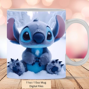 3D schattige steek in sneeuw mok wrap, 3D mok wrap sublimatie ontwerp PNG, mok 11oz en 15oz Stitch mok wrap