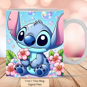 3D Cute Stitch Flowers and Bubbles Mug Wrap, 3D Mug Wrap Sublimation Design PNG, Tasse 11oz und 15oz Stitch Mug Wrap, nur digitale Dateien