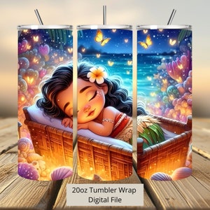 3D Baby Moana Slapen Tumbler Wrap, Prinses Tumbler Wrap Sublimatie Ontwerp PNG, 20oz Skinny Straight & Taps toelopende Moana Tumbler Wrap