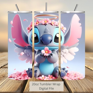 3D Cute Stitch Angel Flowers Tumbler Wrap, 20oz Tumbler, Cartoon Tumbler Wrap, Stitch Design Png, Tumbler Sublimatie, Instant Digitale PNG