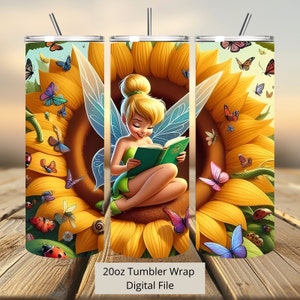 Wróżka 3D w słonecznikowej folii na kubek, folia na kubek z księżniczką, projekt sublimacyjny PNG, 20 uncji obcisła, prosta i zwężana chusta na kubek Tinkerbell