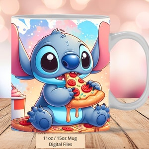 3D Cute Stitch Eat Pizza Mug Wrap, 3D Stitch Mug Wrap Sublimation Design PNG, Mug 11oz and 15oz Pizza Mug Wrap