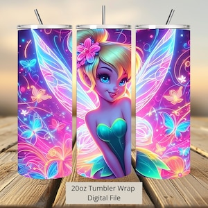 3D Tinkerbell Neon Bunte Tumbler Wrap, Princess Tumbler Wrap Sublimation Design PNG, 20oz Skinny Straight & Tapered Fairy Tumbler Wrap