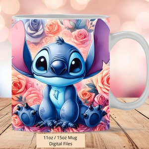 3D Cute Stitch Background Flowers Mug Wrap, 3D Mug Stitch Wrap Sublimation Design PNG, Mug 11oz and 15oz Stitch Mug Wrap, Digital Files