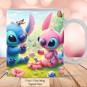 Involucro per tazza 3D Stitch e Angel, 3D Angel Mug Wrap Sublimation Design PNG, Involucro per tazza Stitch 11oz e 15oz