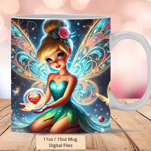 Envoltura de taza de corazón de hada linda 3D Tinkerbell, diseño de sublimación de envoltura de taza 3D PNG, envoltura de taza de Tinkerbell de taza de 11 oz y 15 oz, Png digital instantáneo