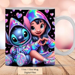 Opakowanie na kubek Lilo i Stitch Neon Hearts 3D, Opakowanie na kubek Lilo 3D Sublimacja Projekt PNG, Opakowanie na kubek Stitch 11oz i 15oz, Pobieranie cyfrowe Png