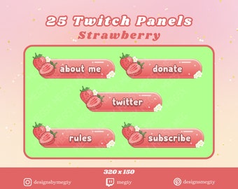 ストロベリー Twitch パネル パッケージ | かわいいストリーミング グラフィック | Lofi フルーツ デザイン | 居心地の良い Vtuber ストリーム アセット