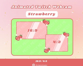 May include: Animated Twitch webcam overlay with a green background and two pink frames. The frames are labelled 16:9 and 4:3. Strawberries and white flowers are scattered around the frames.