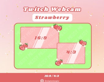 May include: A green and pink Twitch webcam overlay with a strawberry theme. The overlay has two frames, one labelled "16:9" and the other labelled "4:3". The text "Twitch Webcam Strawberry" is at the top of the overlay.
