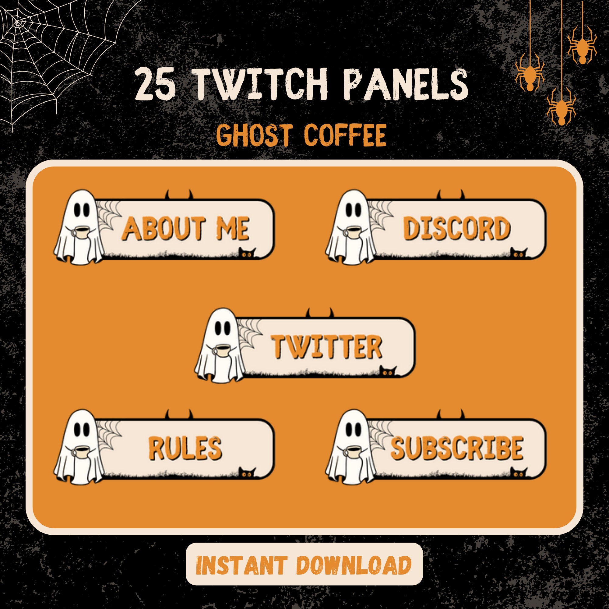 ハロウィン ゴースト コーヒー TWITCH パネル | 居心地の良いストリーマー | Twitch グラフィック | ホリデー ストリーミング アセット | 不気味な秋の季節限定ストリーミング