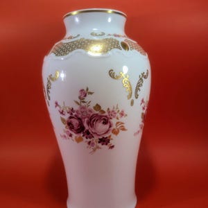 Vintage Wallendorf Porcelain Vase with Pink Roses and Gold Decor.