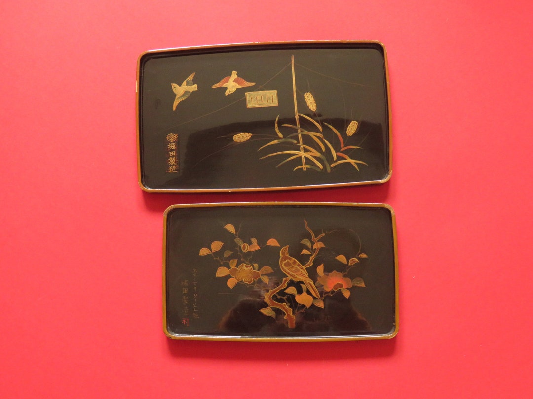 Etched Lacquered Wood Tray Red over Black w Birds