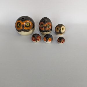 Vintage set of six Italian Alabaster Owl Sculptures.Alabaster Owl Paperweight and Pen Holder