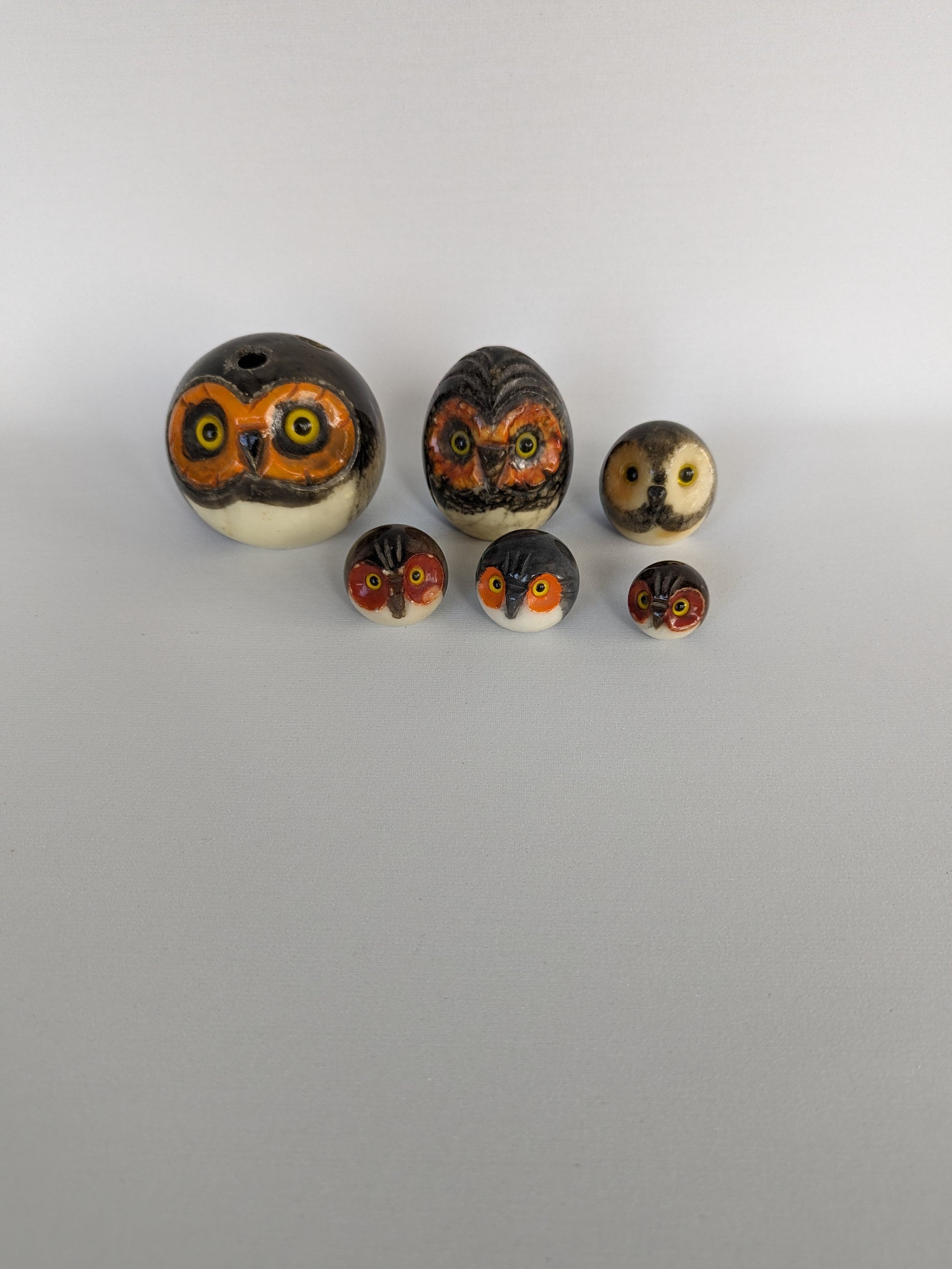 Vintage set of six Italian Alabaster Owl Sculptures.Alabaster Owl Paperweight and Pen Holder