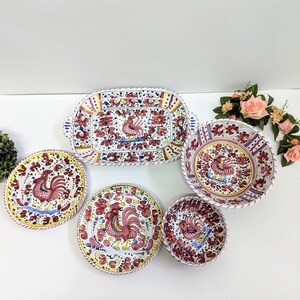 Vintage Deruta Orvieto Roter Hahn Majolika - Ersatzschüsseln und Teller - handbemalte italienische Keramik