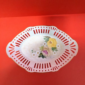 Vintage German Royal Tettau Reticular Hand-Painted Floral Bowl Trinket Dish