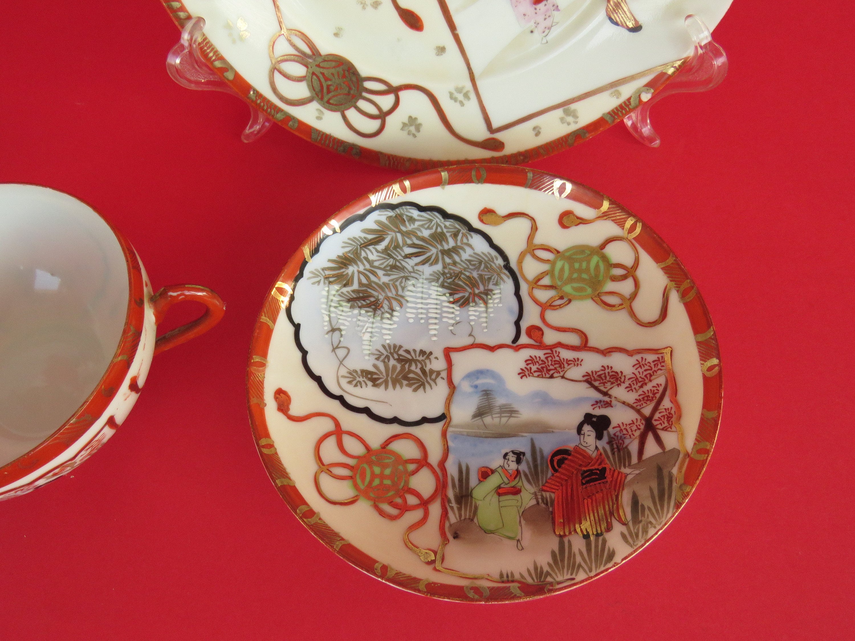 Vintage Japanese Kutani Porcelain Tea Set , Eggshell Porcelain Trio Set