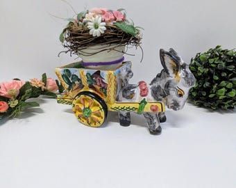 Vintage Italian Donkey Cart Planter – Hand Painted Pottery – Colorful Sicilian Folk Art – Italy Marked – Rustic Ceramic Decor