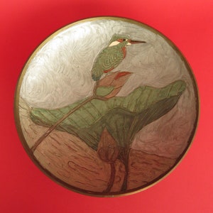 Vintage solid  brass hand painted bowl with kingfisher and lotus bud
