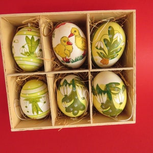 Set of 6 hand-painted Easter eggs with snowdrops, ducks and bunnies