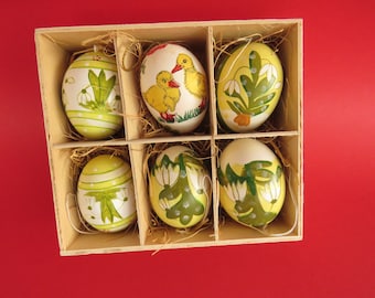 Set of 6 hand-painted Easter eggs with snowdrops, ducks and bunnies