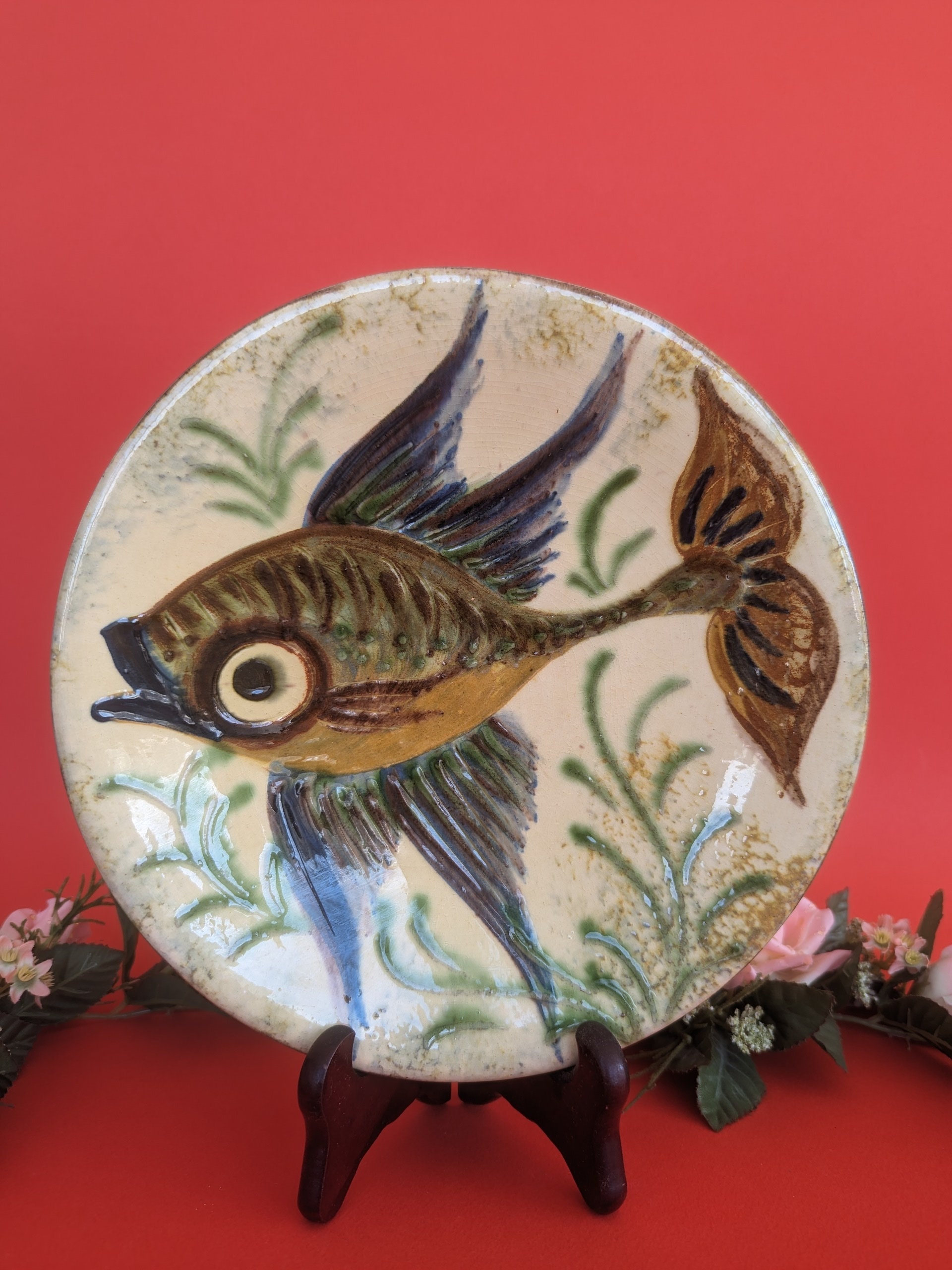 フランスビンテージ壁掛けセラミックフィッシュ陶器魚