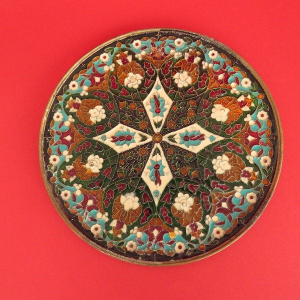 Vintage Brass Wall Decoration Plate, Greece Style Plate, Flower enamel decoration