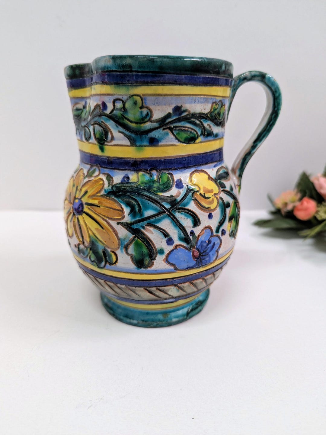 Vintage Hand Painted Italian Pottery Pitcher With Floral Design - Etsy