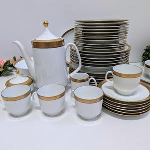 Ensemble de table et de café vintage Schumann Arzberg Bavaria, porcelaine blanche avec rebord doré, vaisselle allemande moderne du milieu du siècle, ensemble élégant des années 1960