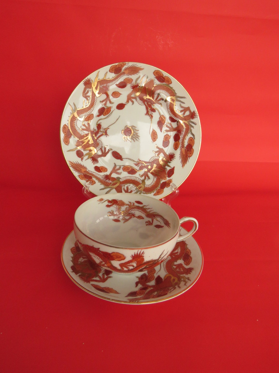 Japanese Dragon Tea Trio Tea Cup Saucer and Side Plate Gold Etsy