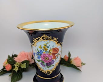 Vintage Meissen Porcelain Vase – Cobalt Blue With Hand-painted