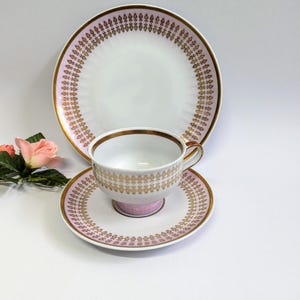 Vintage teacup, saucer, and dessert plate set by Henneberg, Made in the German Democratic Republic in the 1970s,