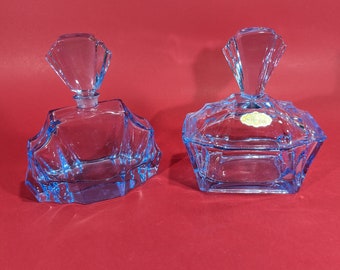 Blue glass dressing table set.Echt Kristall dressing table set in art deco style Germany 60s