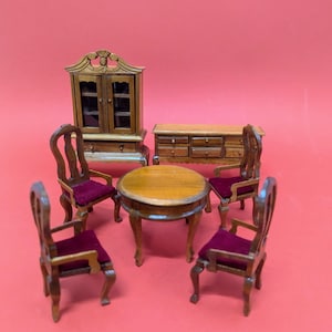 Ensemble de salle à manger vintage pour maison de poupée en bois, 7 pièces, meubles miniatures avec boîte d&#39;origine