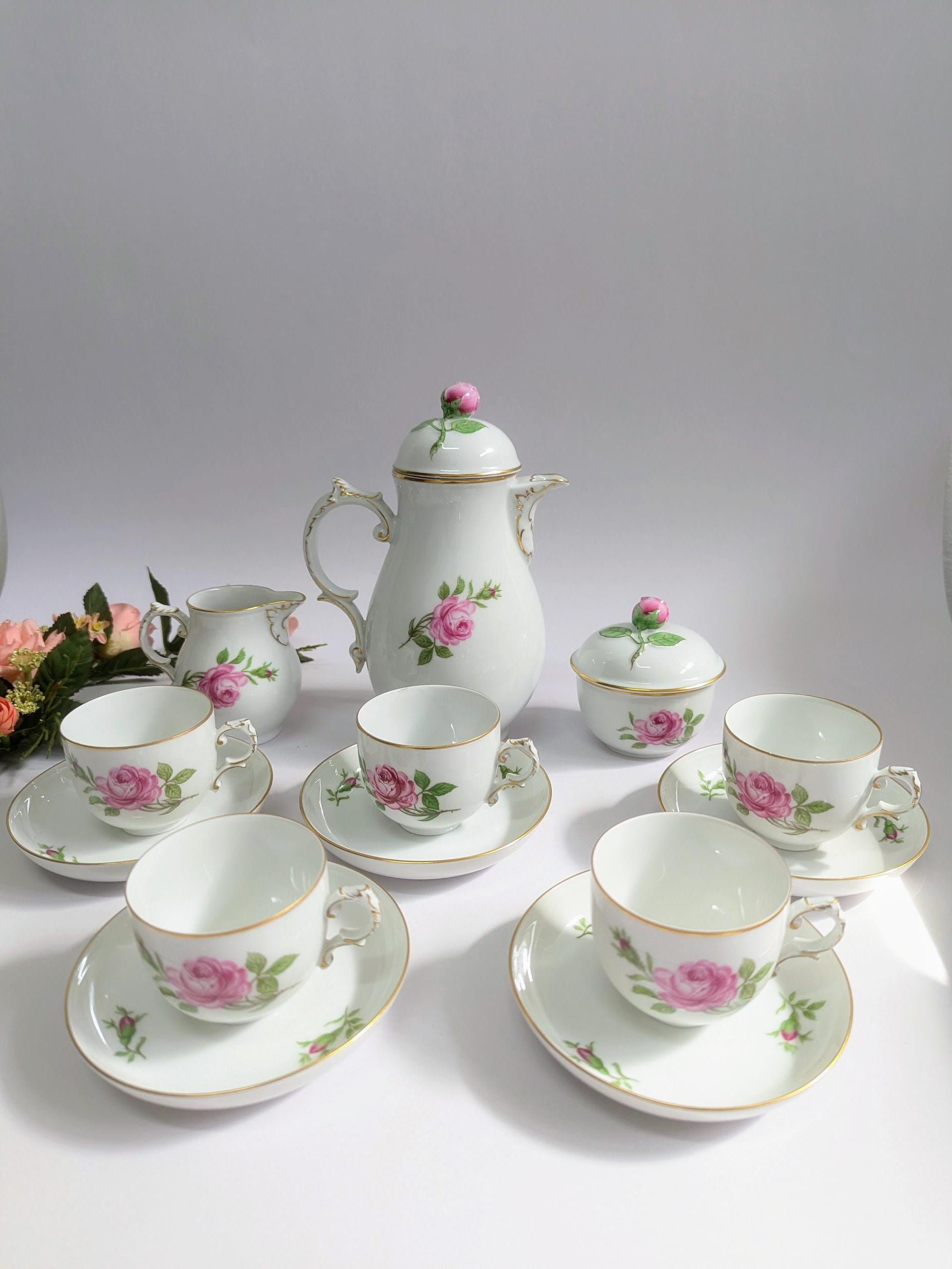 Furstenberg Porcelain Vintage Rose Coffee Set Coffee Pot and 5 Demitasse Cups