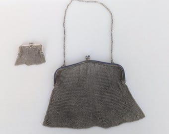 Rare ancien porte-monnaie victorien allemand Hanau en argent sterling avec porte-monnaie assorti