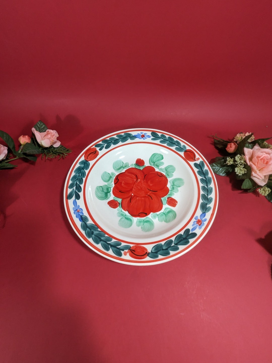 Transylvania Roses Vintage Transylvania Ceramic Plate - 1970s Decor With Red Roses & Blue ...