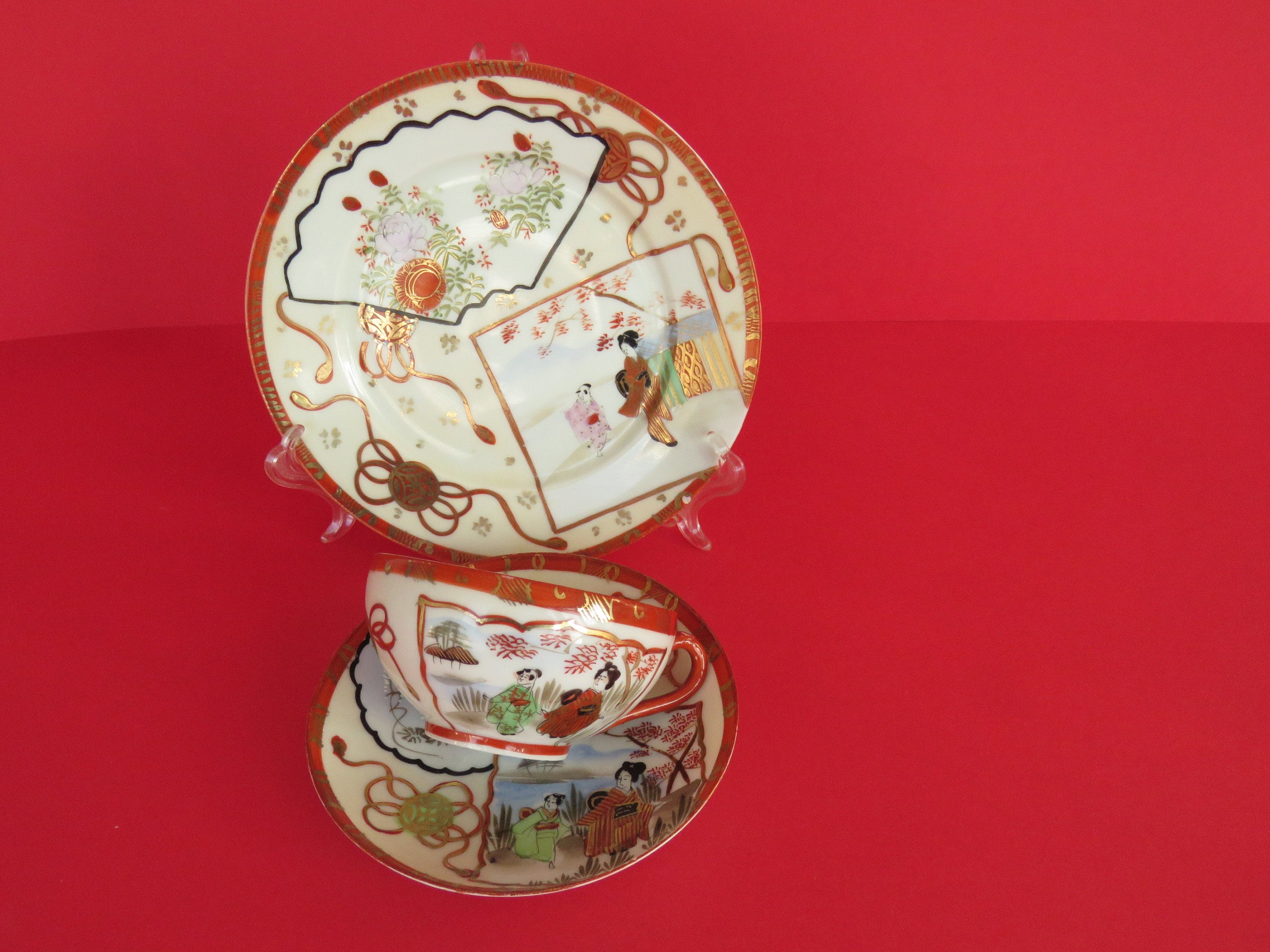 Vintage Japanese Kutani Porcelain Tea Set , Eggshell Porcelain Trio Set