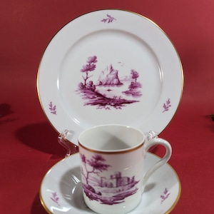 Vintage Deutsches Porzellan Trio Set - 1950er Jahre Elegante Lila Mokkatasse, Untertasse, Teller