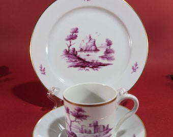 Vintage German Porcelain Trio Set - 1950s Elegant Purple Demitasse Cup, Saucer, Plate