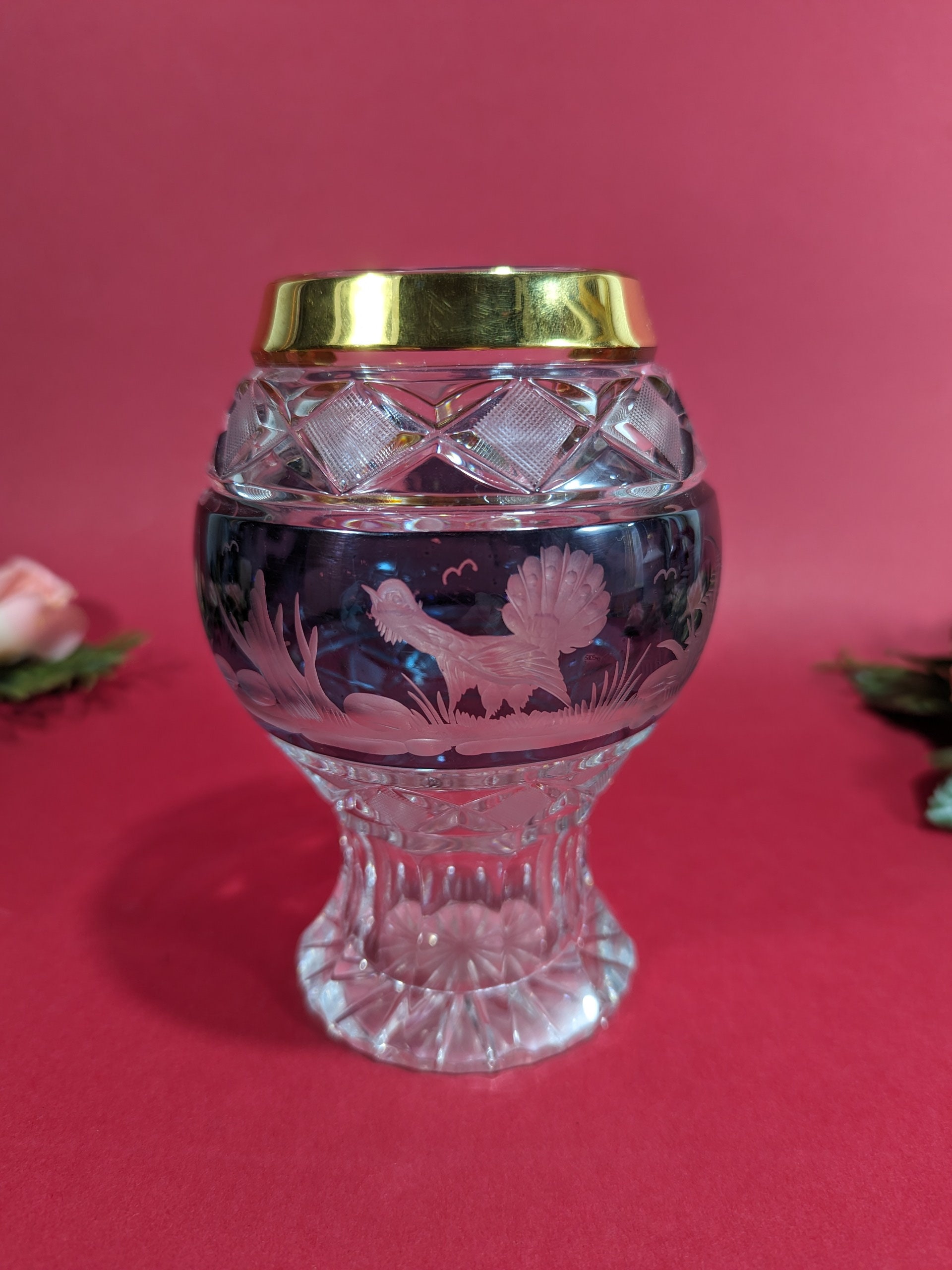 ボヘミア　88993/86181/109 クリスタル花器　チェコ チェコクリスタルボヘミアガラス花瓶ブルーカットクリア、鳥の模様の