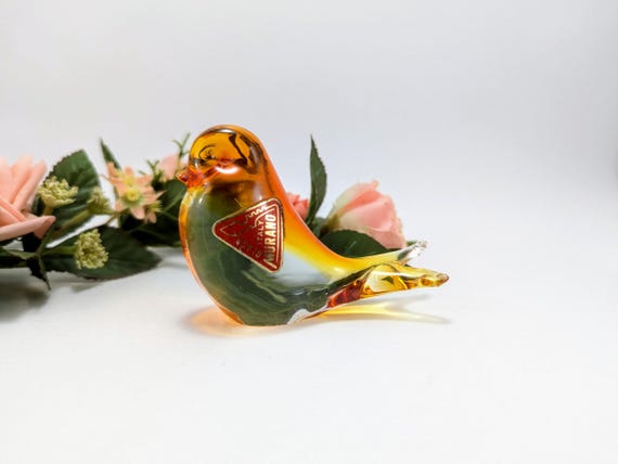 Vintage Murano Glass Bird Figurine Sommerso Blown Glass Amber