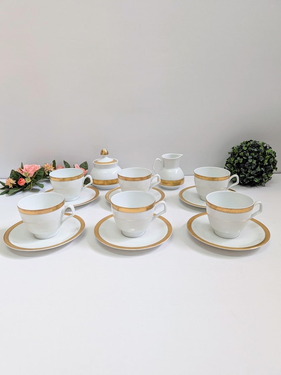 Vintage Seltmann Weiden Bavaria Tee Service für 6 Personen, weiße Porzellan Tassen & Untertassen mit Goldrand, Mid Century Modern Kaffee Set 1960er Jahre