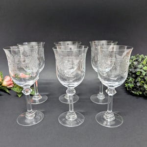 Vintage Crystal Wine Glasses Set of 6 – Etched Floral & Classical Motif Stemware – Elegant Clear Crystal Goblets