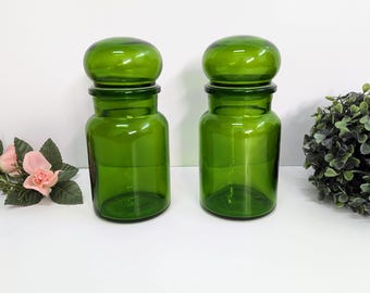 ヴィンテージグリーンガラスキャニスター（蓋付き）/蓋付きバブル