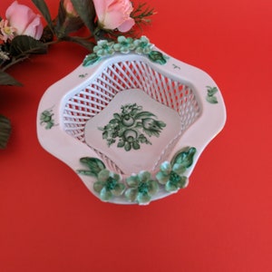 Vintage Porcelain Basket, Herend Hungary Bowl, Chinese Bouquet, Green Pattern woven bowl, square basket,trinket dish